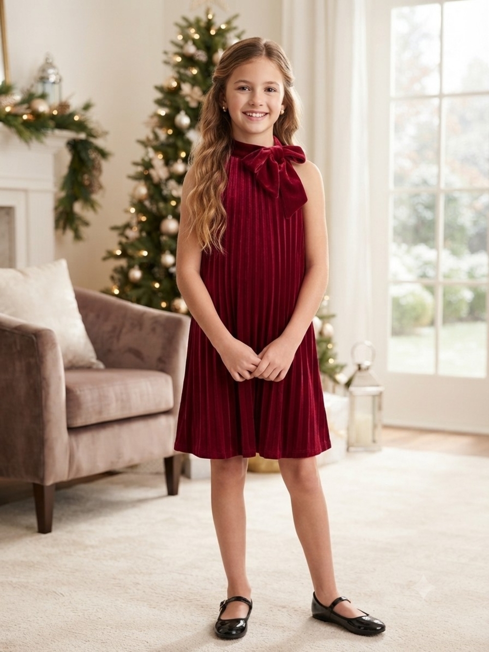 GB girls Burgundy Velvet Bow-Accent Party Dress